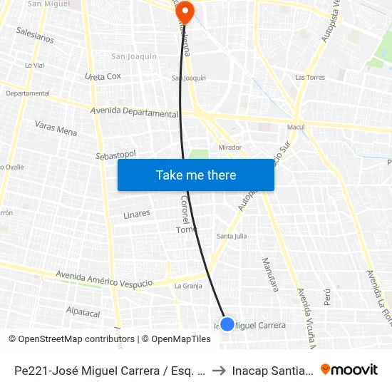 Pe221-José Miguel Carrera / Esq. Avenida Uno to Inacap Santiago Sur map