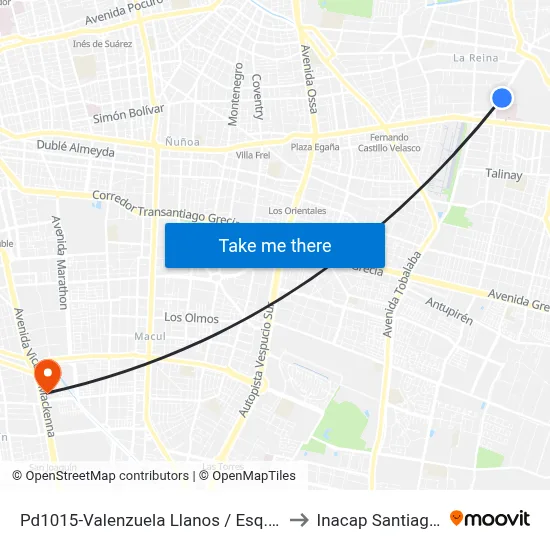 Pd1015-Valenzuela Llanos / Esq. Llacolén to Inacap Santiago Sur map