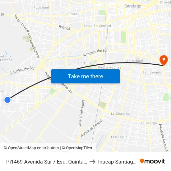 Pi1469-Avenida Sur / Esq. Quinta Vergara to Inacap Santiago Sur map
