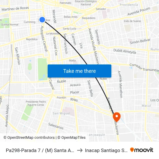 Pa298-Parada 7 / (M) Santa Ana to Inacap Santiago Sur map