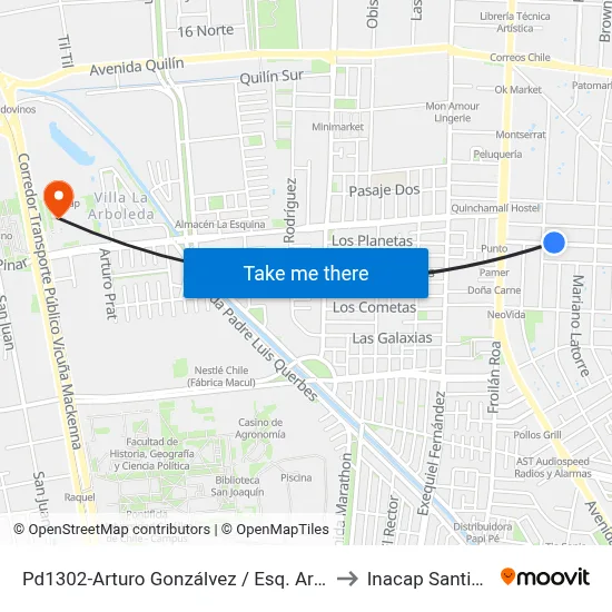 Pd1302-Arturo Gonzálvez / Esq. Armando Moock to Inacap Santiago Sur map