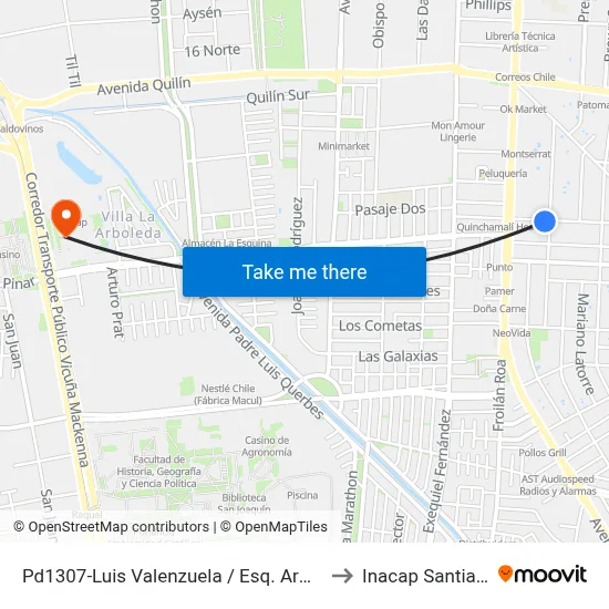 Pd1307-Luis Valenzuela / Esq. Armando Moock to Inacap Santiago Sur map