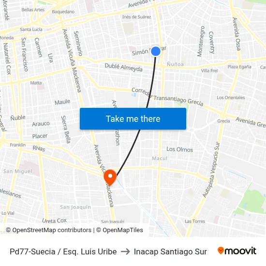 Pd77-Suecia / Esq. Luis Uribe to Inacap Santiago Sur map