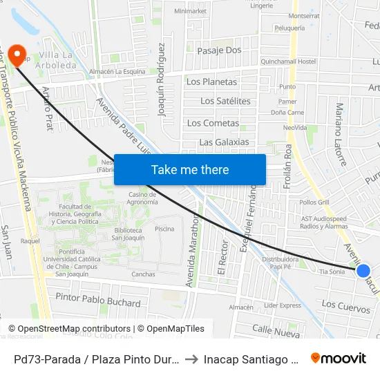 Pd73-Parada / Plaza Pinto Durán to Inacap Santiago Sur map