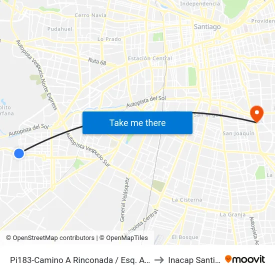 Pi183-Camino A Rinconada / Esq. Avenida 3 Poniente to Inacap Santiago Sur map