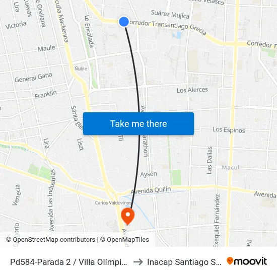 Pd584-Parada 2 / Villa Olímpica to Inacap Santiago Sur map