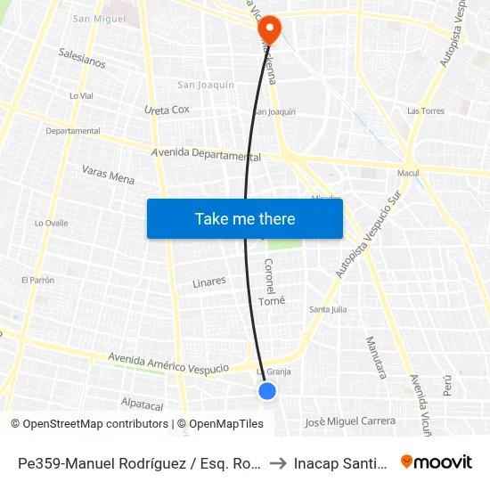 Pe359-Manuel Rodríguez / Esq. Robinson Crusoe to Inacap Santiago Sur map