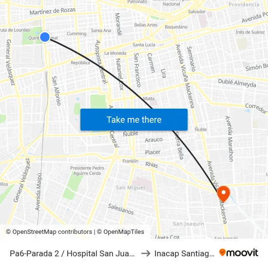 Pa6-Parada 2 / Hospital San Juan De Dios to Inacap Santiago Sur map