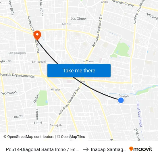 Pe514-Diagonal Santa Irene / Esq. Paicaví to Inacap Santiago Sur map