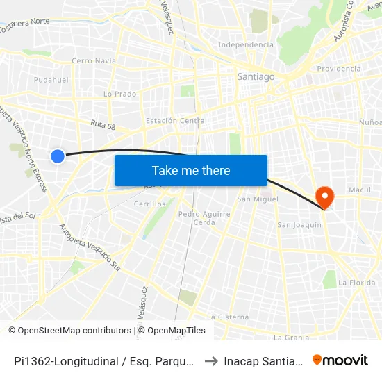 Pi1362-Longitudinal / Esq. Parque Los Reyes to Inacap Santiago Sur map