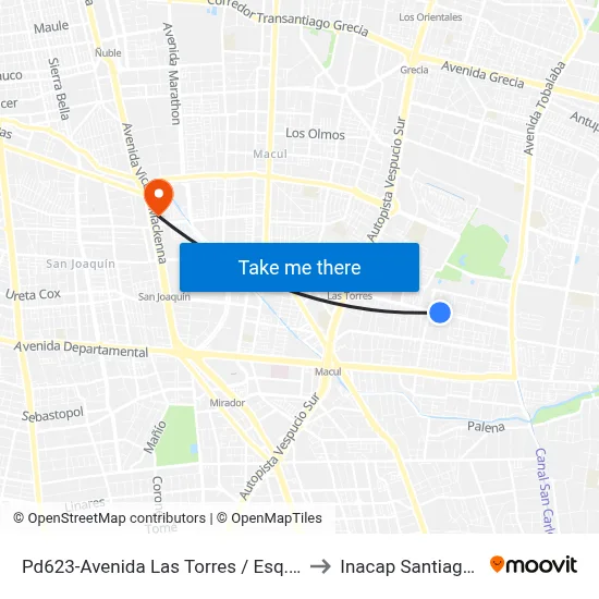 Pd623-Avenida Las Torres / Esq. Calle 1 to Inacap Santiago Sur map