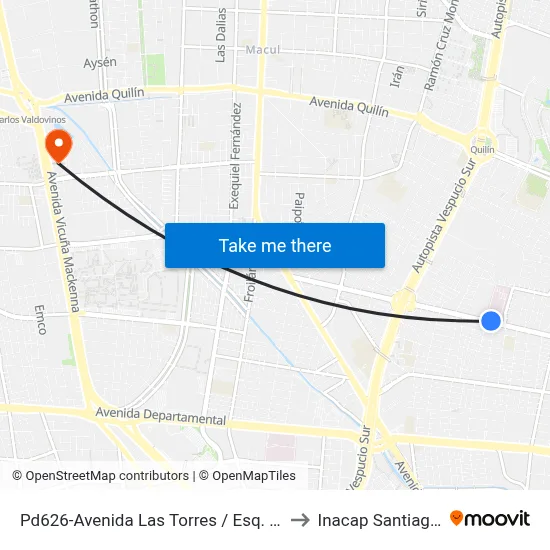 Pd626-Avenida Las Torres / Esq. Calle 414 to Inacap Santiago Sur map