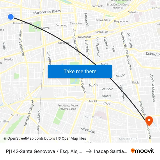 Pj142-Santa Genoveva / Esq. Alejandro Fierro to Inacap Santiago Sur map