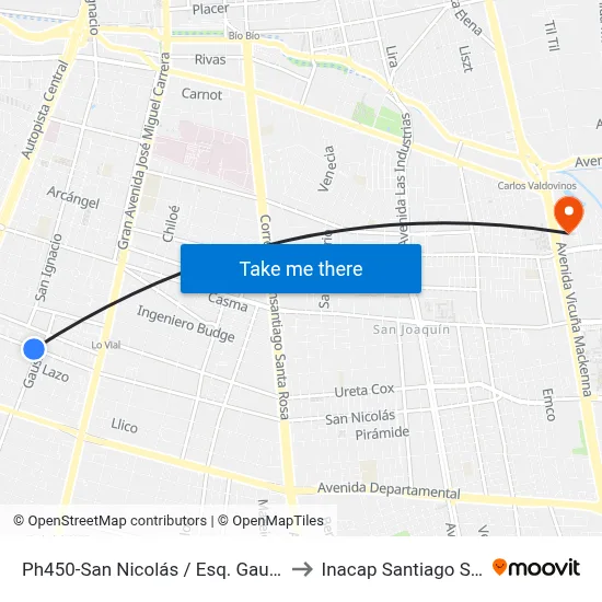 Ph450-San Nicolás / Esq. Gauss to Inacap Santiago Sur map