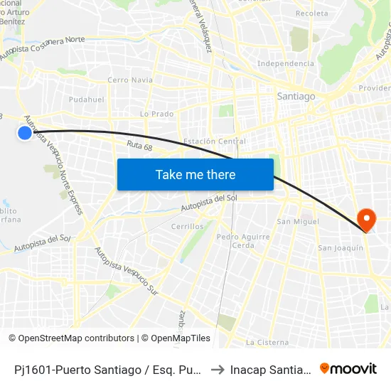 Pj1601-Puerto Santiago / Esq. Puerto Madero to Inacap Santiago Sur map