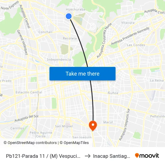 Pb121-Parada 11 / (M) Vespucio Norte to Inacap Santiago Sur map