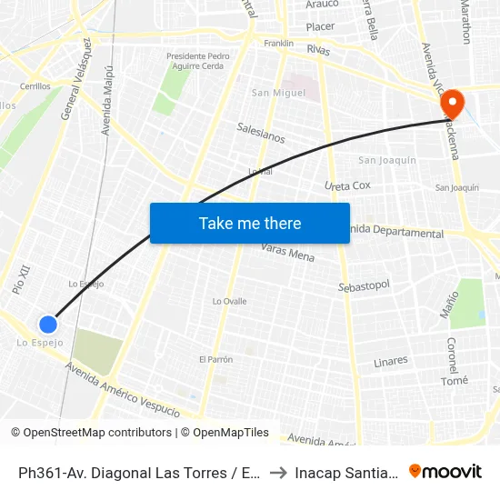 Ph361-Av. Diagonal Las Torres / Esq. Lebreles to Inacap Santiago Sur map