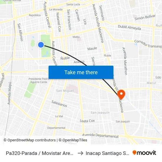 Pa320-Parada / Movistar Arena to Inacap Santiago Sur map