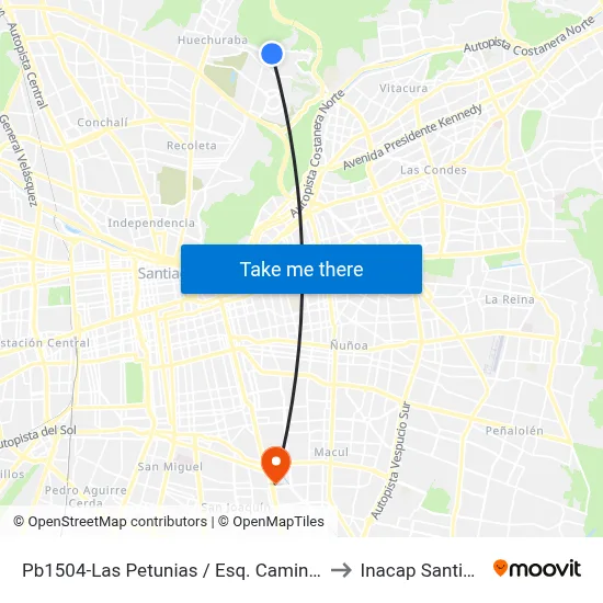 Pb1504-Las Petunias / Esq. Camino La Pirámide to Inacap Santiago Sur map
