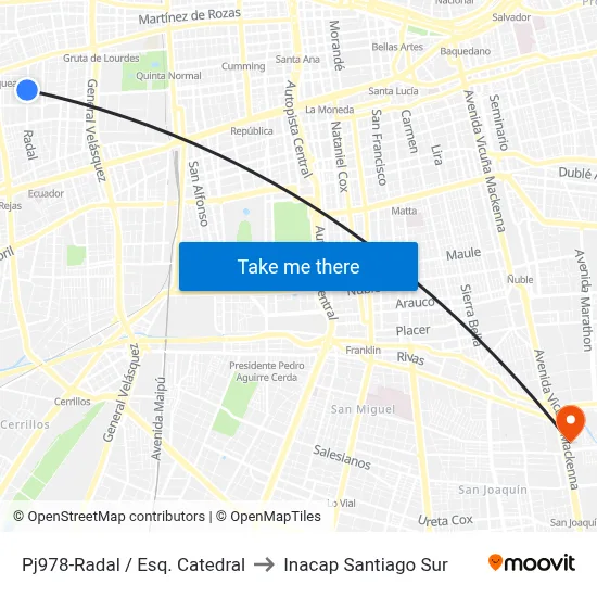 Pj978-Radal / Esq. Catedral to Inacap Santiago Sur map
