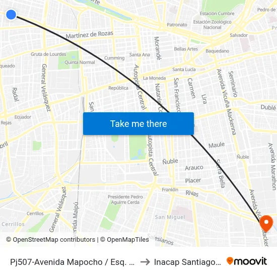 Pj507-Avenida Mapocho / Esq. Radal to Inacap Santiago Sur map