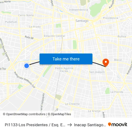 Pi1133-Los Presidentes / Esq. España to Inacap Santiago Sur map