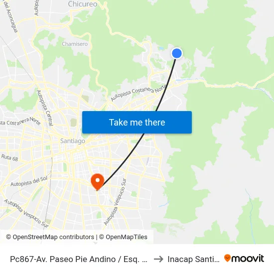 Pc867-Av. Paseo Pie Andino / Esq. Cam. El Huinganal to Inacap Santiago Sur map