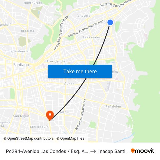 Pc294-Avenida Las Condes / Esq. Av. Padre H. Central to Inacap Santiago Sur map