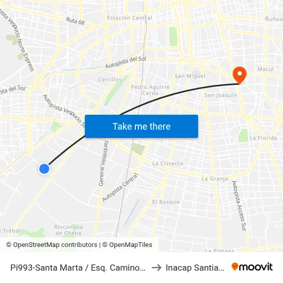 Pi993-Santa Marta / Esq. Camino A Lonquén to Inacap Santiago Sur map