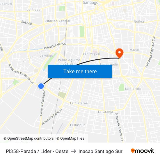 Pi358-Parada / Lider - Oeste to Inacap Santiago Sur map