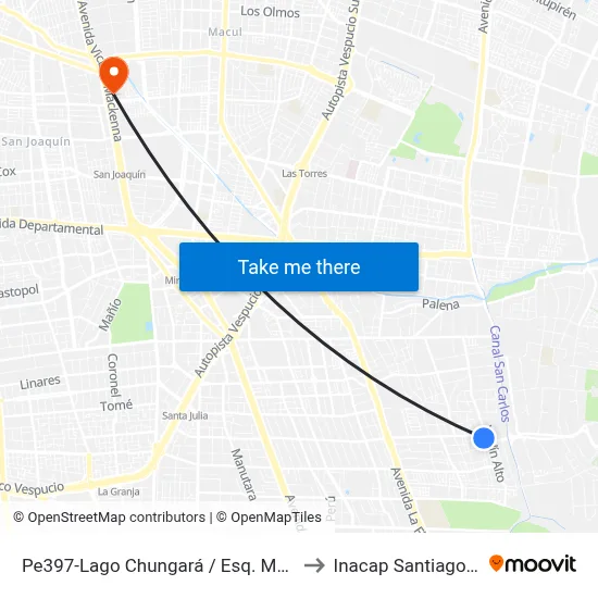 Pe397-Lago Chungará / Esq. Mamiña to Inacap Santiago Sur map