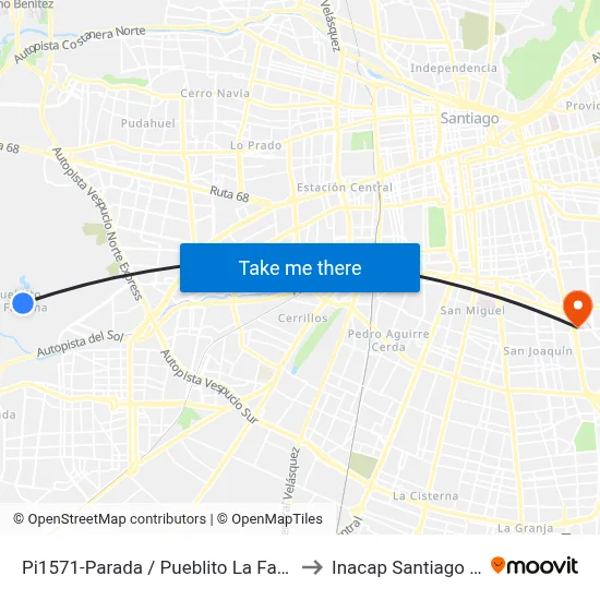 Pi1571-Parada / Pueblito La Farfana to Inacap Santiago Sur map