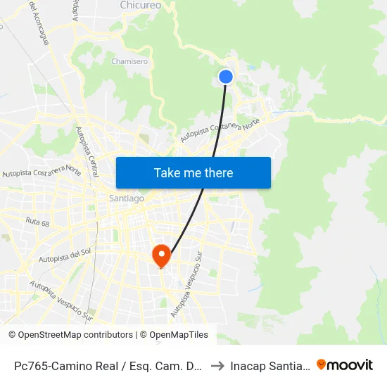 Pc765-Camino Real / Esq. Cam. Del Monasterio to Inacap Santiago Sur map