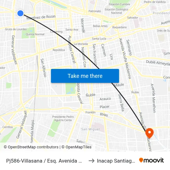 Pj586-Villasana / Esq. Avenida Mapocho to Inacap Santiago Sur map