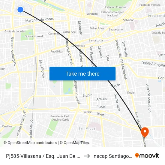 Pj585-Villasana / Esq. Juan De Barros to Inacap Santiago Sur map