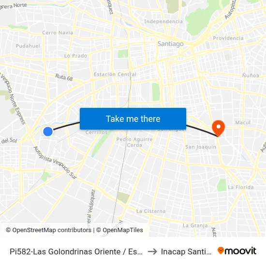 Pi582-Las Golondrinas Oriente / Esq. Los Ministros to Inacap Santiago Sur map