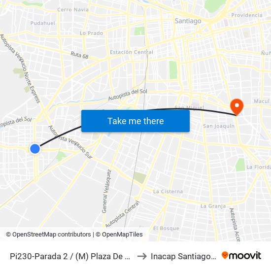 Pi230-Parada 2 / (M) Plaza De Maipú to Inacap Santiago Sur map