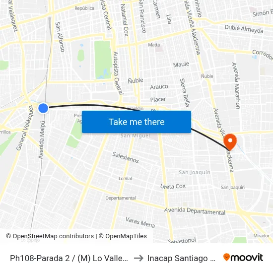 Ph108-Parada 2 / (M) Lo Valledor to Inacap Santiago Sur map