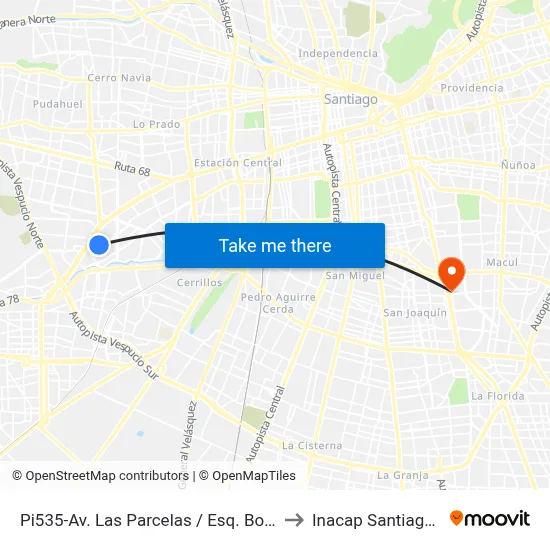 Pi535-Av. Las Parcelas / Esq. Botswana to Inacap Santiago Sur map