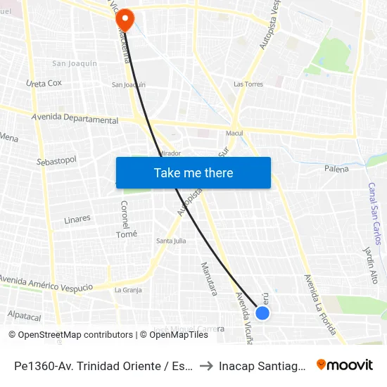 Pe1360-Av. Trinidad Oriente / Esq. Perú to Inacap Santiago Sur map