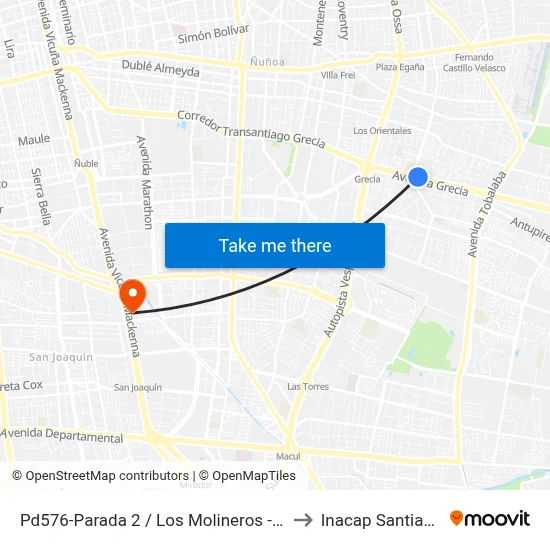 Pd576-Parada 2 / Los Molineros - Av. Grecia to Inacap Santiago Sur map