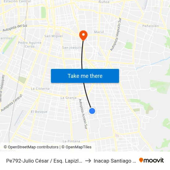 Pe792-Julio César / Esq. Lapizlazuli to Inacap Santiago Sur map