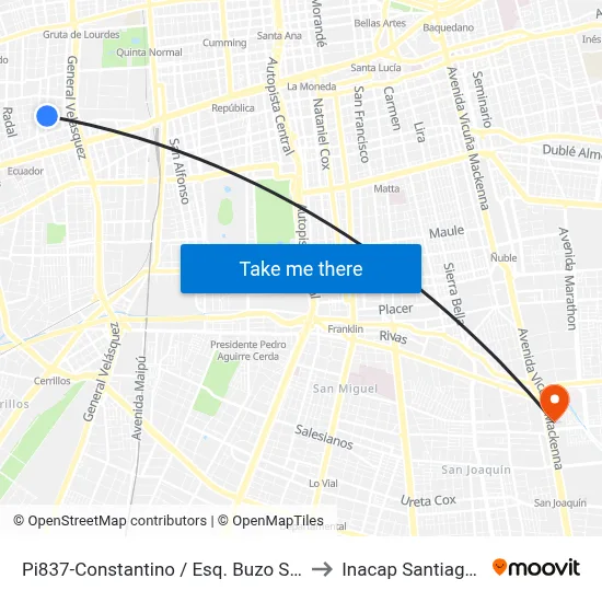 Pi837-Constantino / Esq. Buzo Sobenes to Inacap Santiago Sur map