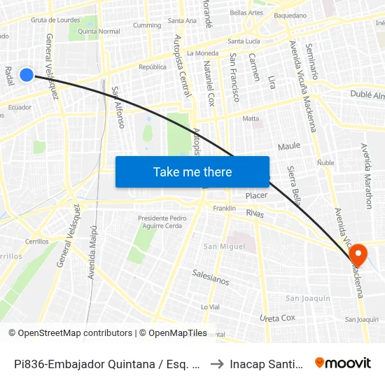 Pi836-Embajador Quintana / Esq. Blanco Garces to Inacap Santiago Sur map