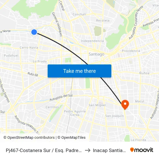 Pj467-Costanera Sur / Esq. Padre Las Casas to Inacap Santiago Sur map