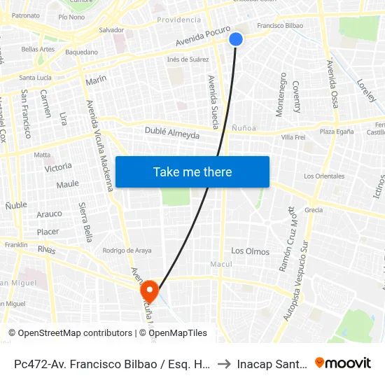 Pc472-Av. Francisco Bilbao / Esq. Hernando De Aguirre to Inacap Santiago Sur map