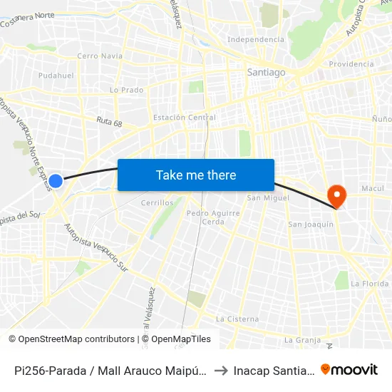 Pi256-Parada / Mall Arauco Maipú - Santa Elena to Inacap Santiago Sur map