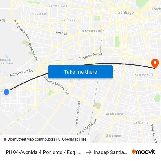 Pi194-Avenida 4 Poniente / Esq. Agua Santa to Inacap Santiago Sur map