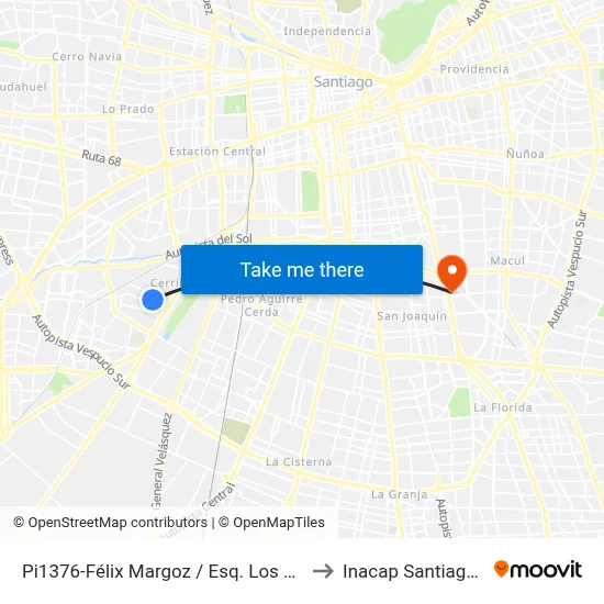 Pi1376-Félix Margoz / Esq. Los Clarines to Inacap Santiago Sur map