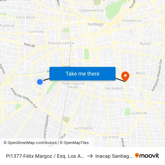 Pi1377-Félix Margoz / Esq. Los Almendros to Inacap Santiago Sur map
